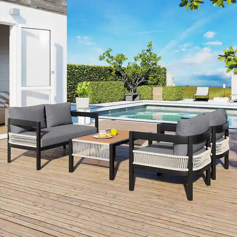 PE Wicker Sofa Set with Iron Frame and WPC Table Modular Design Multiple Colors