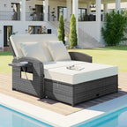 PE Wicker Rattan Double Chaise Lounge, 2-Person Reclining Daybed with Adjustable Back and Cushions, Patio Sun Lounger