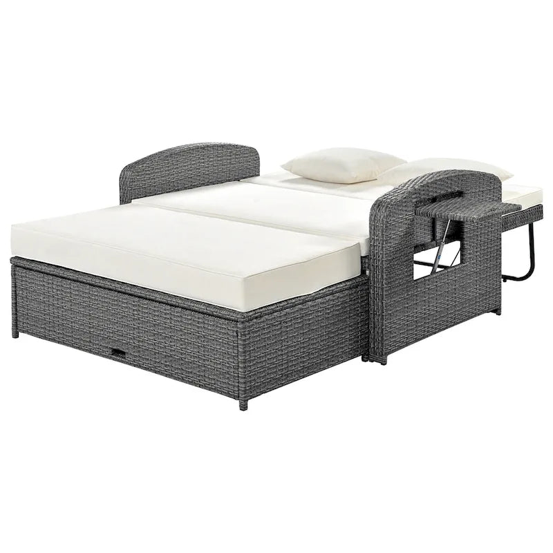 PE Wicker Rattan Double Chaise Lounge, 2-Person Reclining Daybed with Adjustable Back and Cushions, Patio Sun Lounger