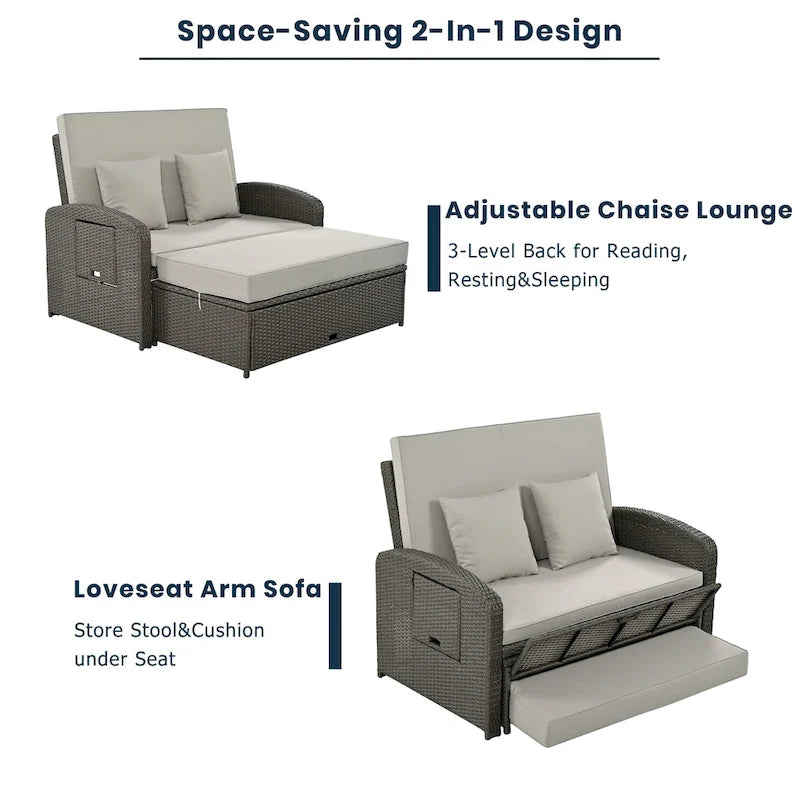 PE Wicker Rattan Double Chaise Lounge, 2-Person Reclining Daybed with Adjustable Back and Cushions, Patio Sun Lounger