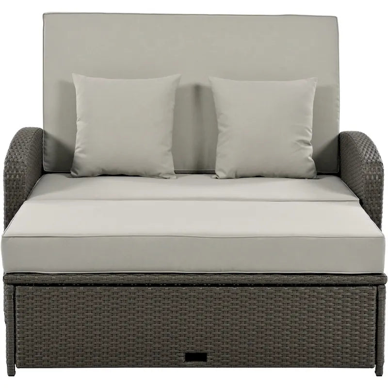 PE Wicker Rattan Double Chaise Lounge, 2-Person Reclining Daybed with Adjustable Back and Cushions, Patio Sun Lounger