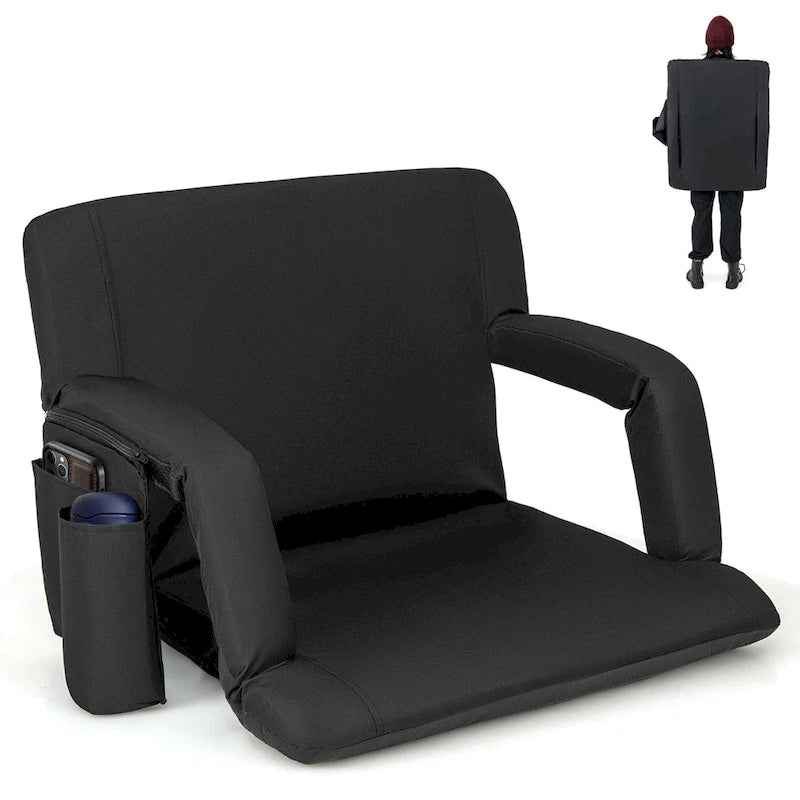 Stadium Seat Black 6-Position Adjustable with Armrests Cup Holder Portable