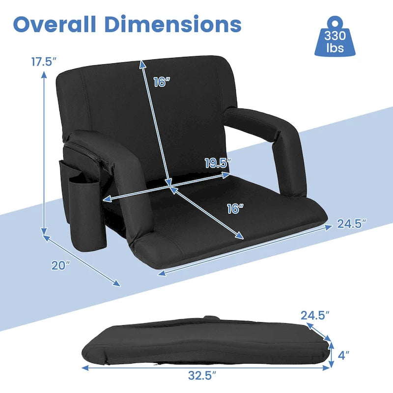 Stadium Seat Black 6-Position Adjustable with Armrests Cup Holder Portable