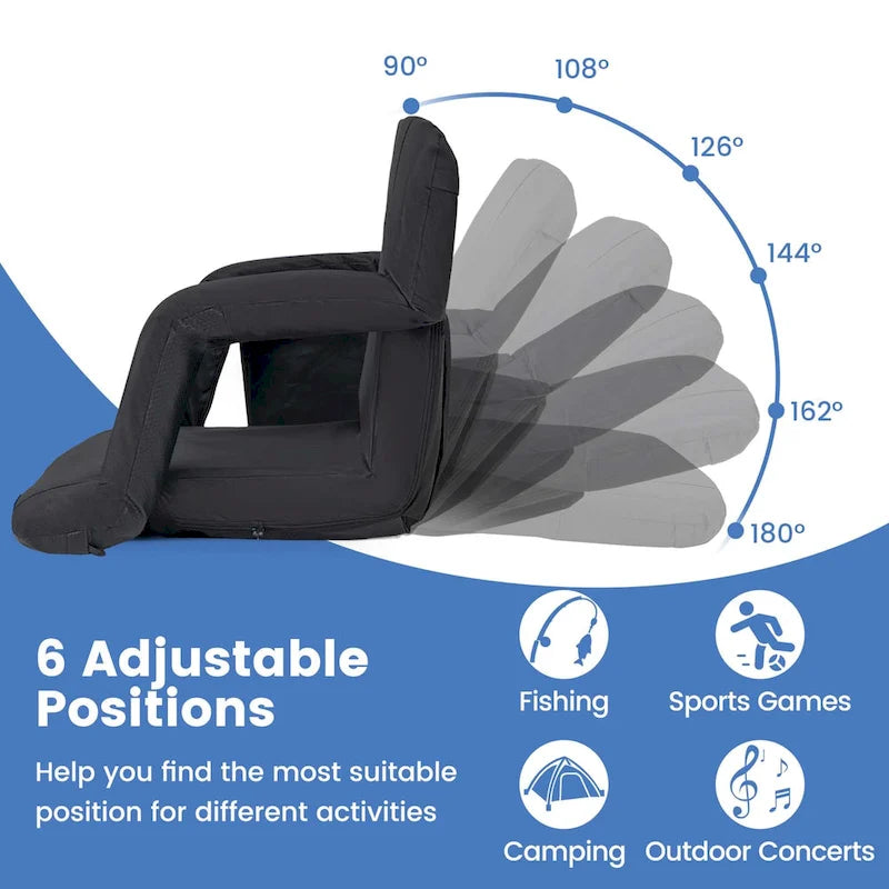 Stadium Seat Black 6-Position Adjustable with Armrests Cup Holder Portable