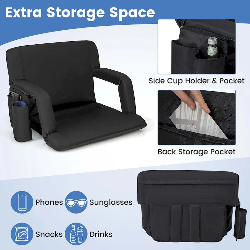 Stadium Seat Black 6-Position Adjustable with Armrests Cup Holder Portable