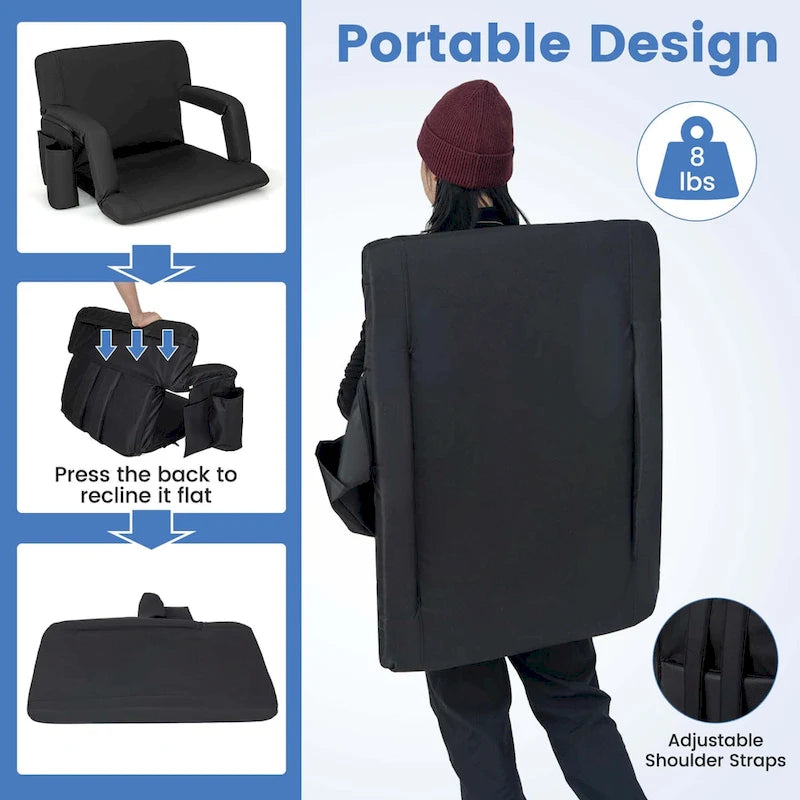 Stadium Seat Black 6-Position Adjustable with Armrests Cup Holder Portable