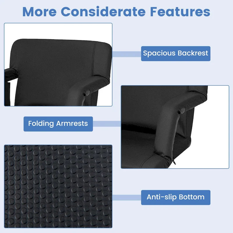 Stadium Seat Black 6-Position Adjustable with Armrests Cup Holder Portable