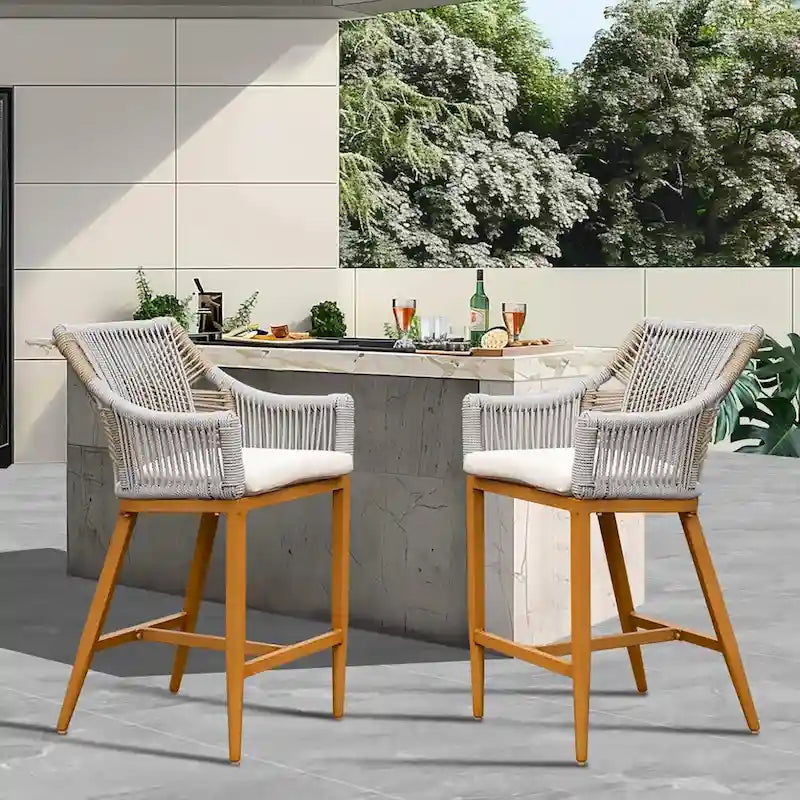2-Piece Outdoor Bar Stool Set Teak Aluminum with Rope Backrest and Cushions