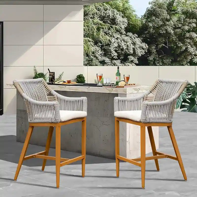 GDFStudio - Sienna Outdoor Aluminum Bar Stools Set with Cushions and Rope Backrest, Square-Back Boho Counter Chairs