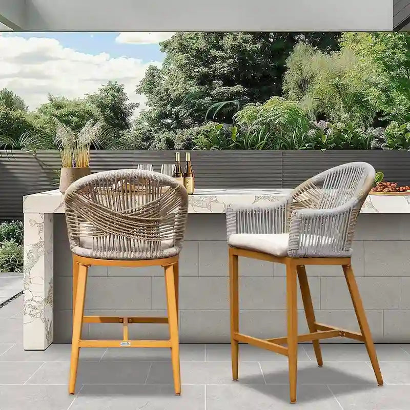 2-Piece Outdoor Bar Stool Set Teak Aluminum with Rope Backrest and Cushions