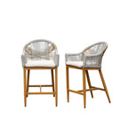 2-Piece Outdoor Bar Stool Set Teak Aluminum with Rope Backrest and Cushions