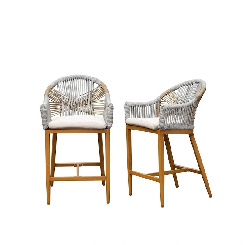 2-Piece Outdoor Bar Stool Set Teak Aluminum with Rope Backrest and Cushions