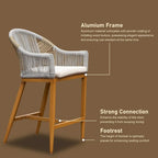 2-Piece Outdoor Bar Stool Set Teak Aluminum with Rope Backrest and Cushions