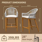 2-Piece Outdoor Bar Stool Set Teak Aluminum with Rope Backrest and Cushions