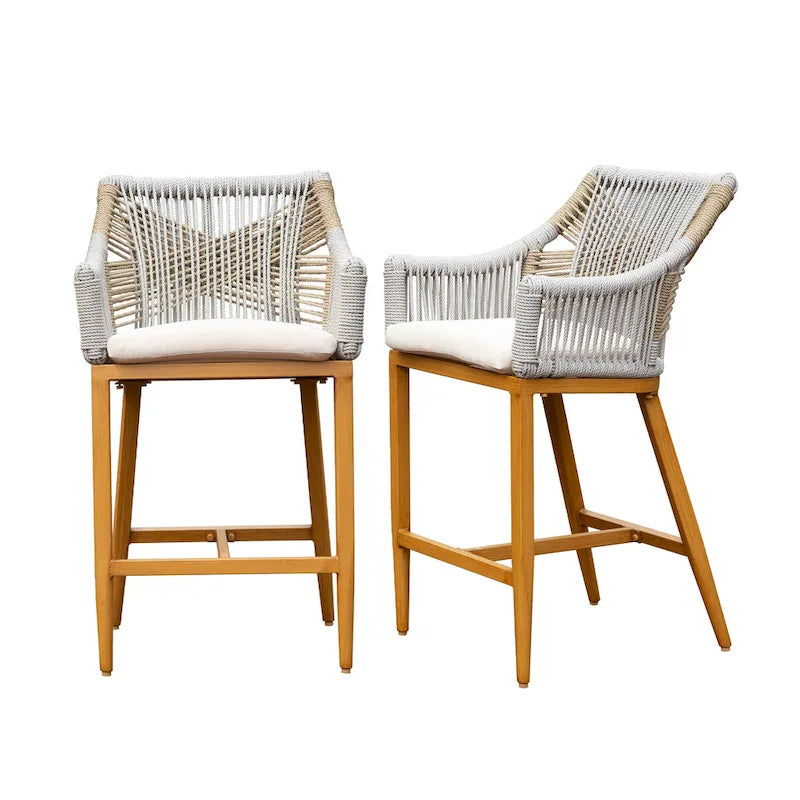 2-Piece Outdoor Bar Stool Set Teak Aluminum with Rope Backrest and Cushions