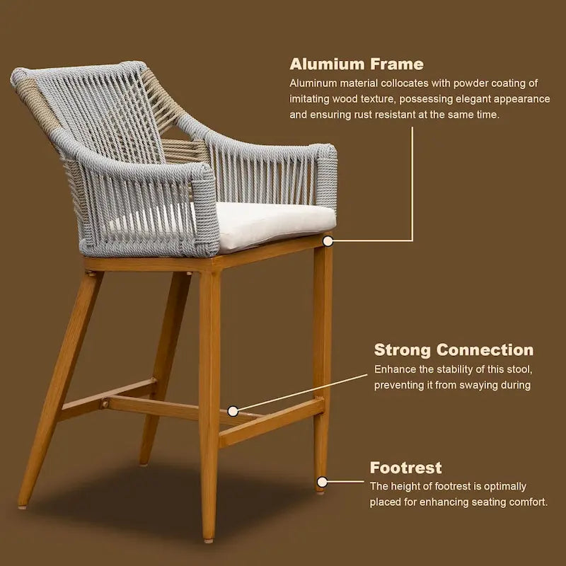 2-Piece Outdoor Bar Stool Set Teak Aluminum with Rope Backrest and Cushions