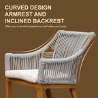 2-Piece Outdoor Bar Stool Set Teak Aluminum with Rope Backrest and Cushions