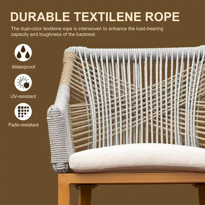2-Piece Outdoor Bar Stool Set Teak Aluminum with Rope Backrest and Cushions