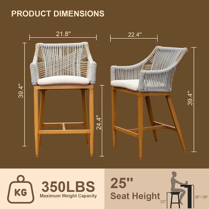 2-Piece Outdoor Bar Stool Set Teak Aluminum with Rope Backrest and Cushions