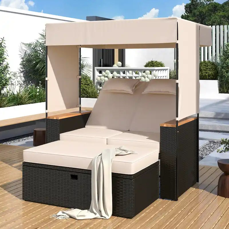 2-Piece Rattan Daybed with Canopy for 2 People Storage Bench Recliner