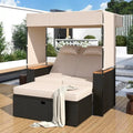 2-Piece Rattan Daybed with Canopy for 2 People Storage Bench Recliner