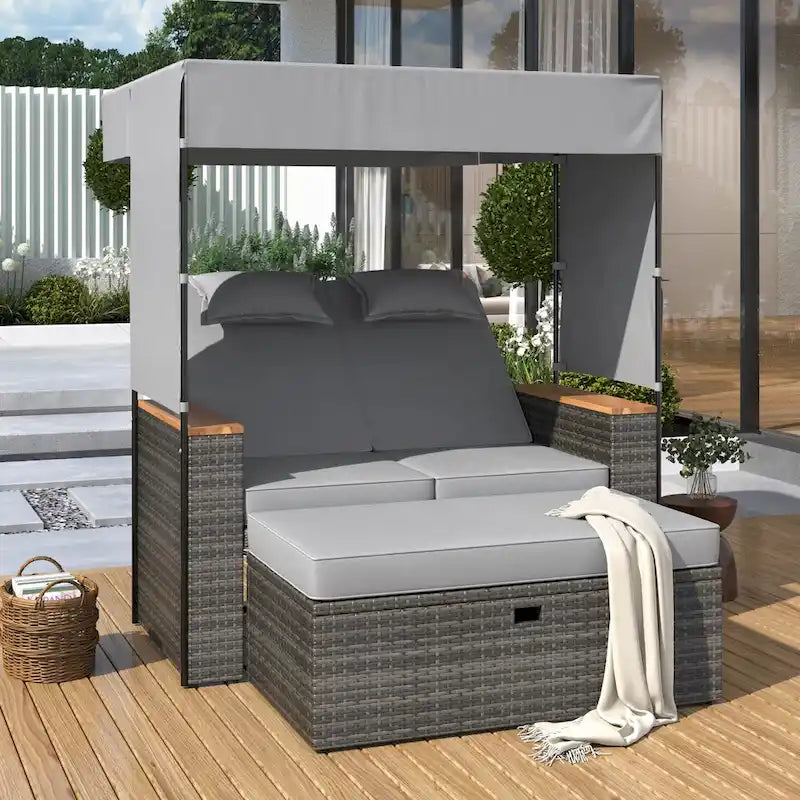 2-Piece Rattan Daybed with Canopy for 2 People Storage Bench Recliner