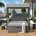 2-Piece Rattan Daybed with Canopy for 2 People Storage Bench Recliner