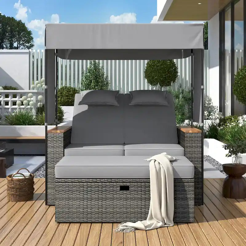 2-Piece Rattan Daybed with Canopy for 2 People Storage Bench Recliner