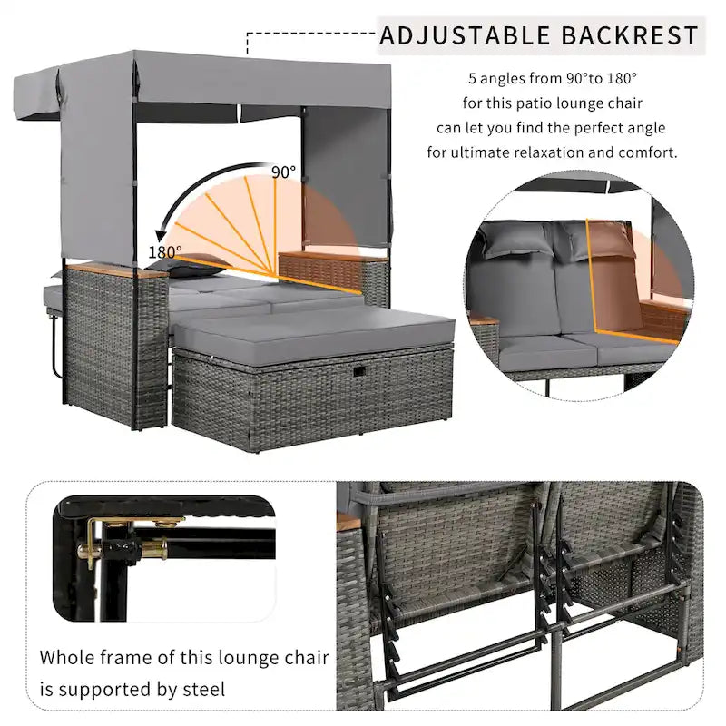 2-Piece Rattan Daybed with Canopy for 2 People Storage Bench Recliner
