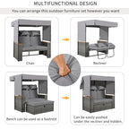2-Piece Rattan Daybed with Canopy for 2 People Storage Bench Recliner
