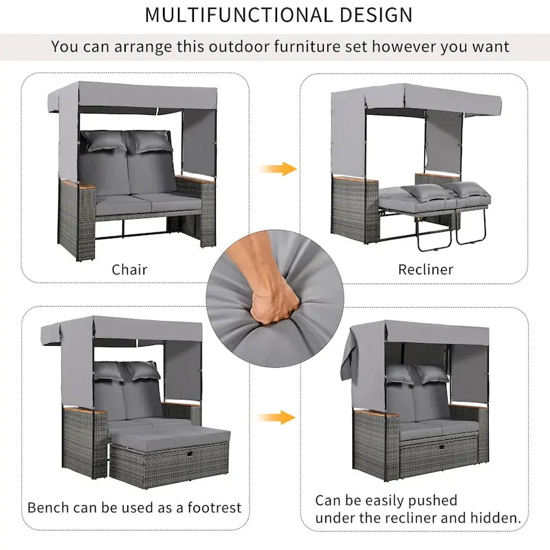 2-Piece Rattan Daybed with Canopy for 2 People Storage Bench Recliner