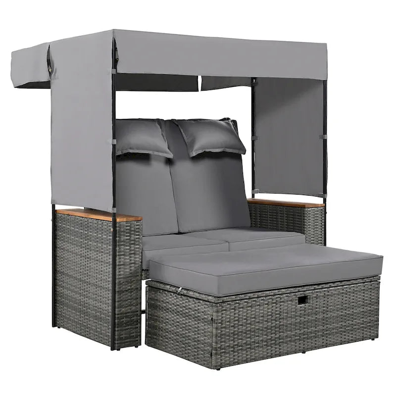2-Piece Rattan Daybed with Canopy for 2 People Storage Bench Recliner