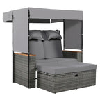 2-Piece Rattan Daybed with Canopy for 2 People Storage Bench Recliner