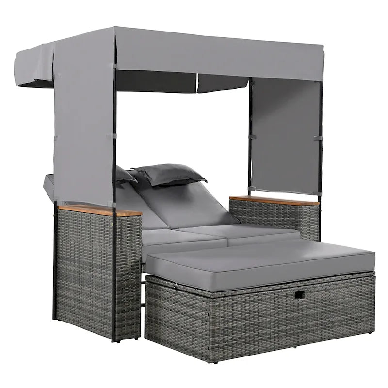 2-Piece Rattan Daybed with Canopy for 2 People Storage Bench Recliner