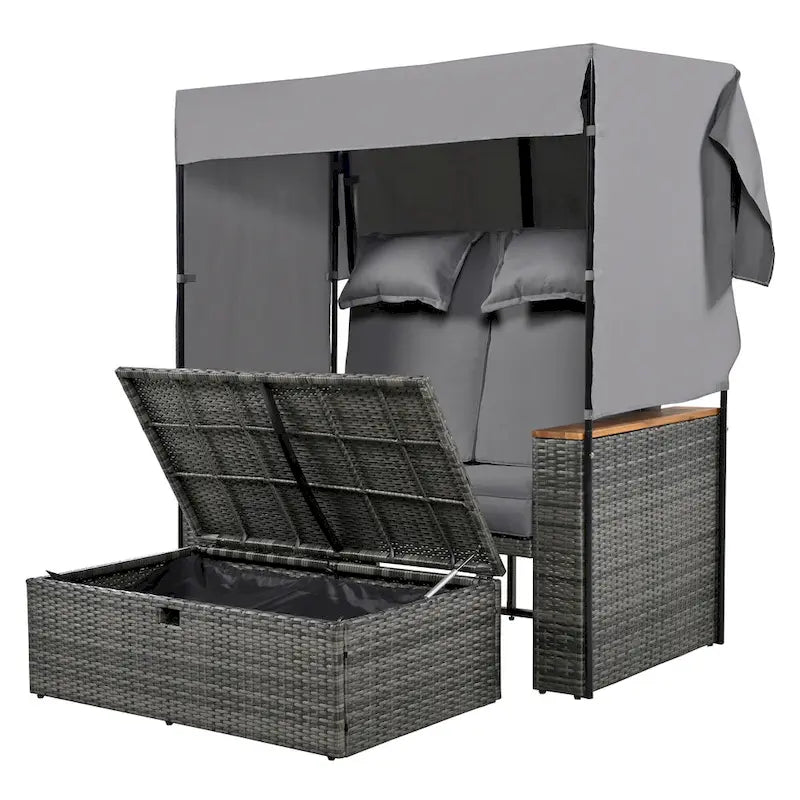 2-Piece Rattan Daybed with Canopy for 2 People Storage Bench Recliner