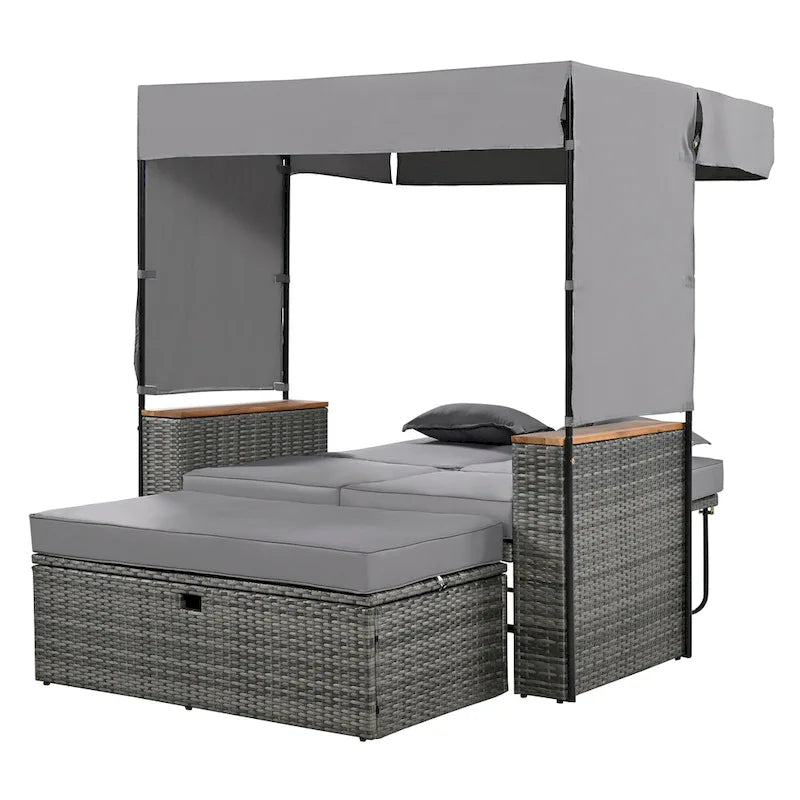 2-Piece Rattan Daybed with Canopy for 2 People Storage Bench Recliner