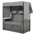 2-Piece Rattan Daybed with Canopy for 2 People Storage Bench Recliner