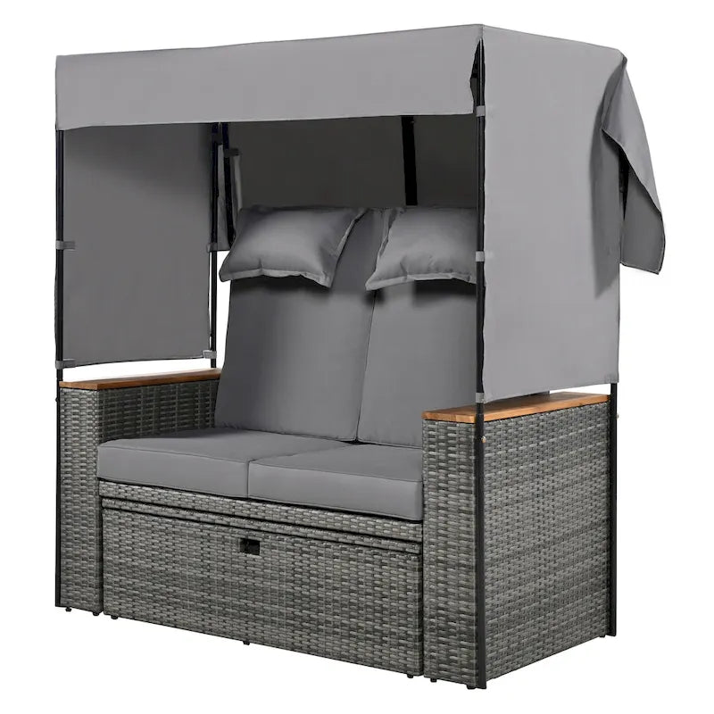 2-Piece Rattan Daybed with Canopy for 2 People Storage Bench Recliner