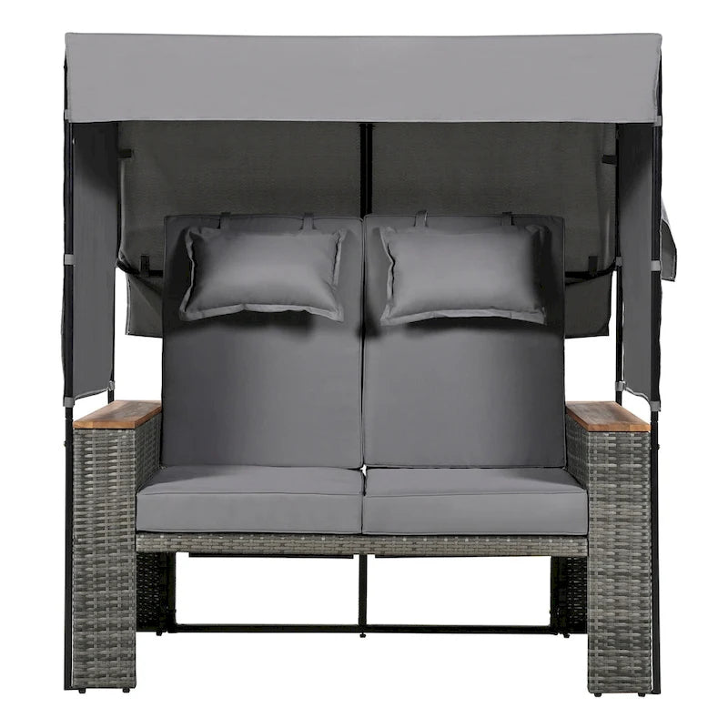 2-Piece Rattan Daybed with Canopy for 2 People Storage Bench Recliner
