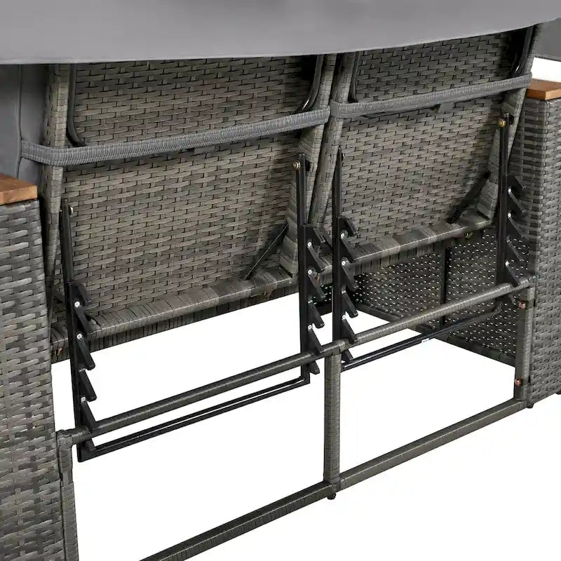 2-Piece Rattan Daybed with Canopy for 2 People Storage Bench Recliner
