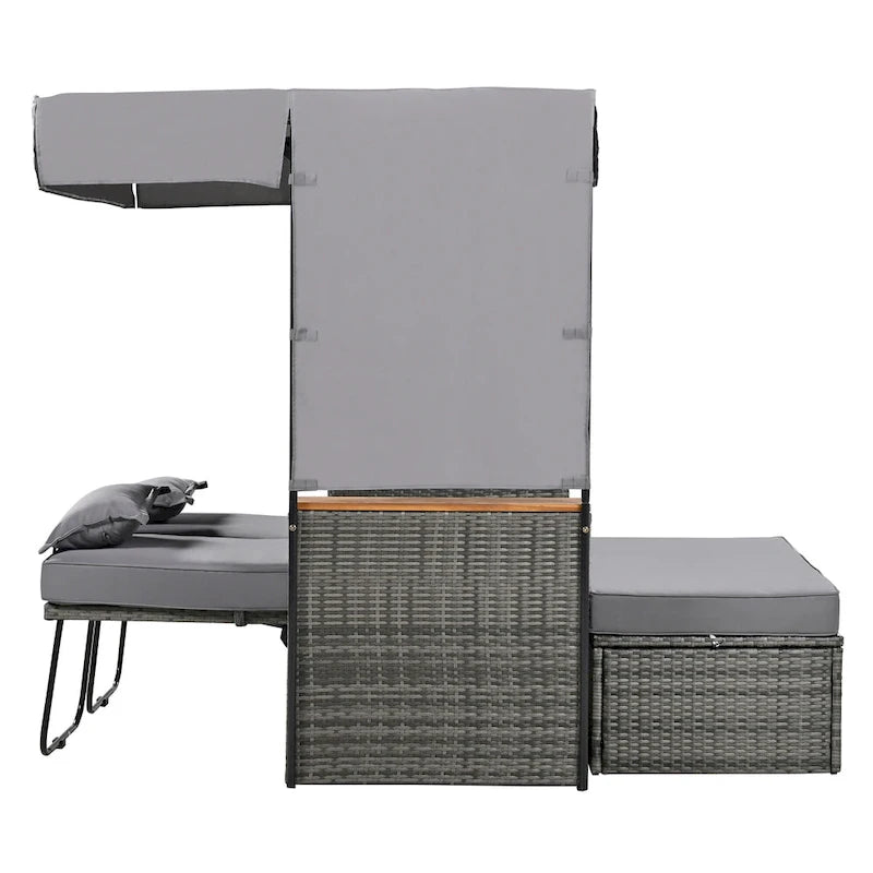 2-Piece Rattan Daybed with Canopy for 2 People Storage Bench Recliner