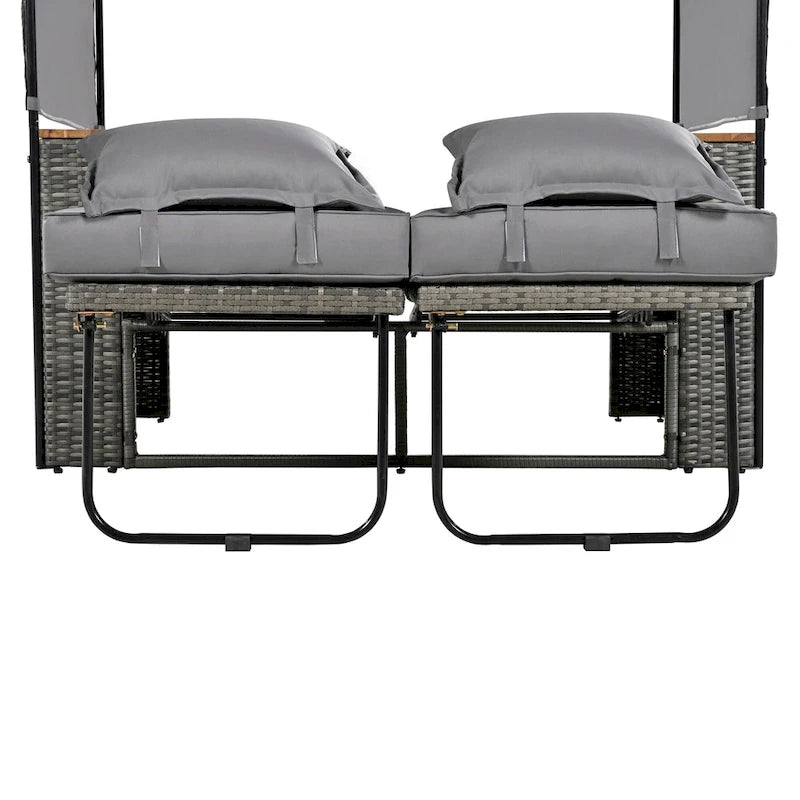 2-Piece Rattan Daybed with Canopy for 2 People Storage Bench Recliner