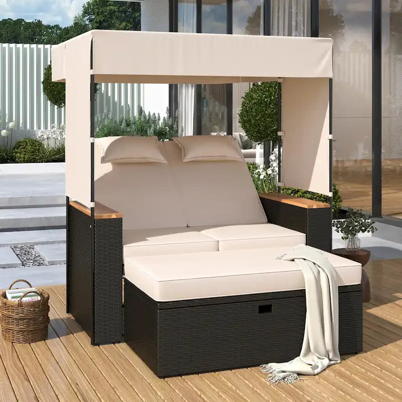 2-Piece Rattan Daybed with Canopy for 2 People Storage Bench Recliner