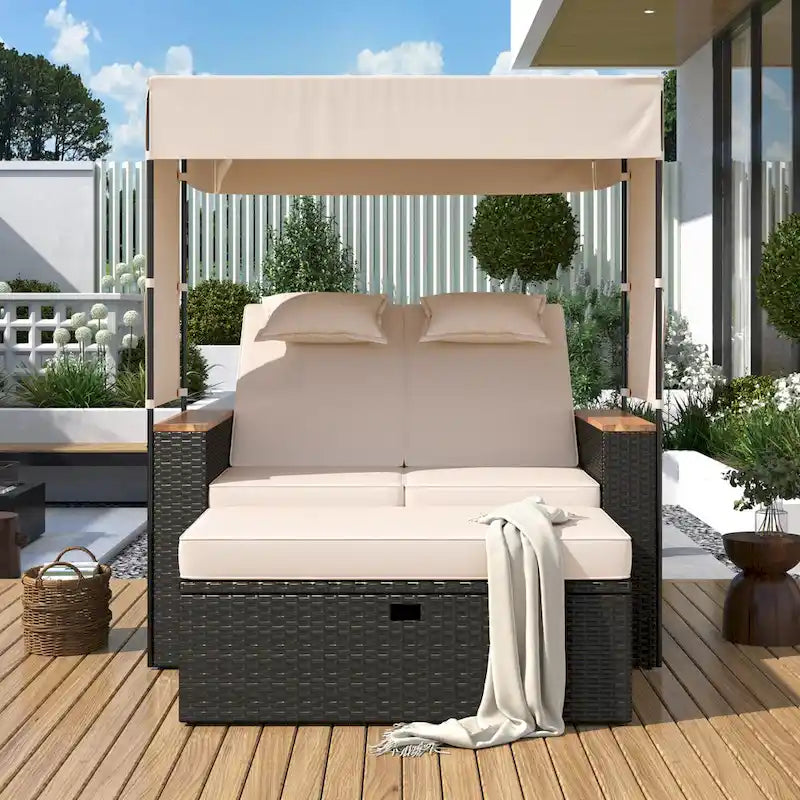 2-Piece Rattan Daybed with Canopy for 2 People Storage Bench Recliner