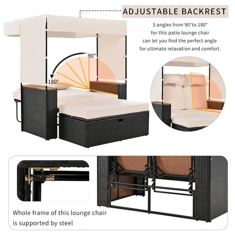 2-Piece Rattan Daybed with Canopy for 2 People Storage Bench Recliner