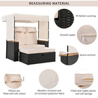 2-Piece Rattan Daybed with Canopy for 2 People Storage Bench Recliner