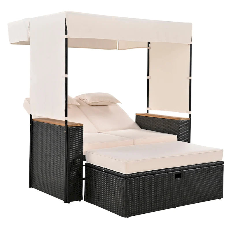 2-Piece Rattan Daybed with Canopy for 2 People Storage Bench Recliner