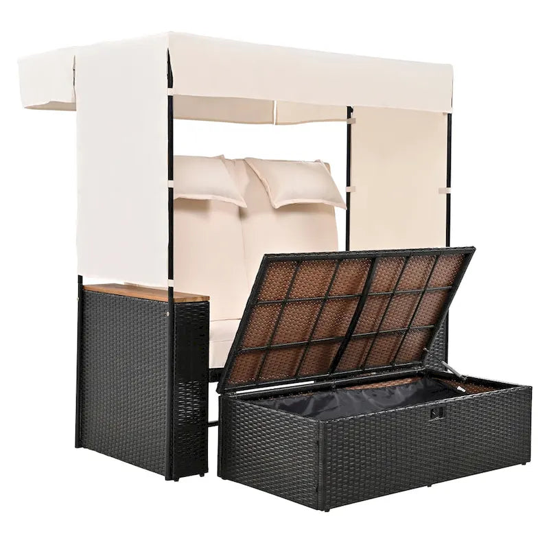 2-Piece Rattan Daybed with Canopy for 2 People Storage Bench Recliner