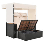 2-Piece Rattan Daybed with Canopy for 2 People Storage Bench Recliner