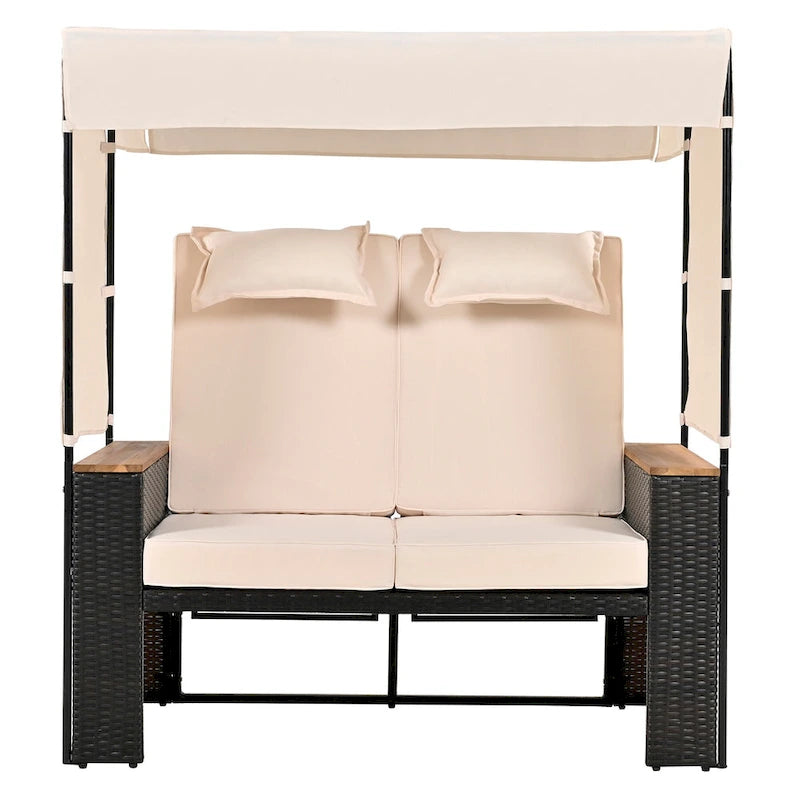 2-Piece Rattan Daybed with Canopy for 2 People Storage Bench Recliner